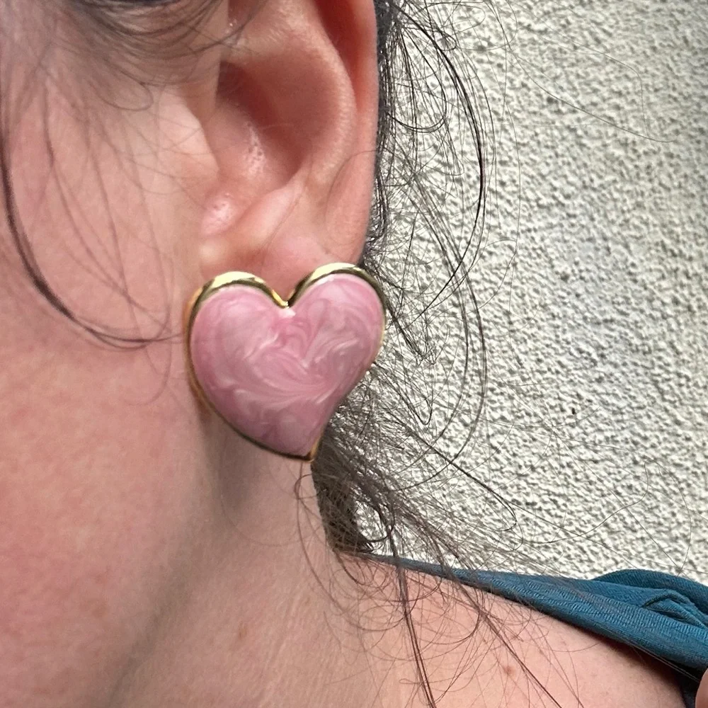 Pink Marbled Heart Statement Earrings – Gold Plated Stainless Steel Studs